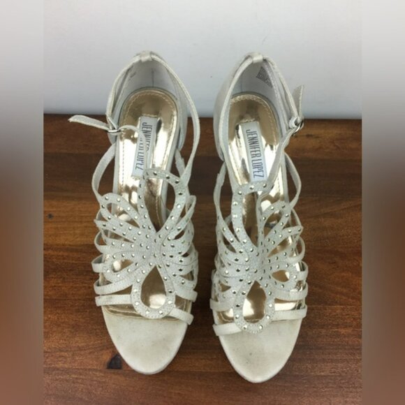 Jennifer Lopez Cream Gold Studded Platform High Heels Suede Women's Size 7M. - Picture 10 of 11